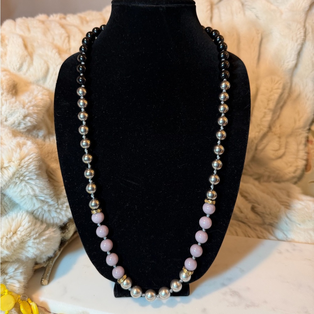 J. CREW Black, Silver & Mauve Beaded Necklace with Silver Rhinestone Accents